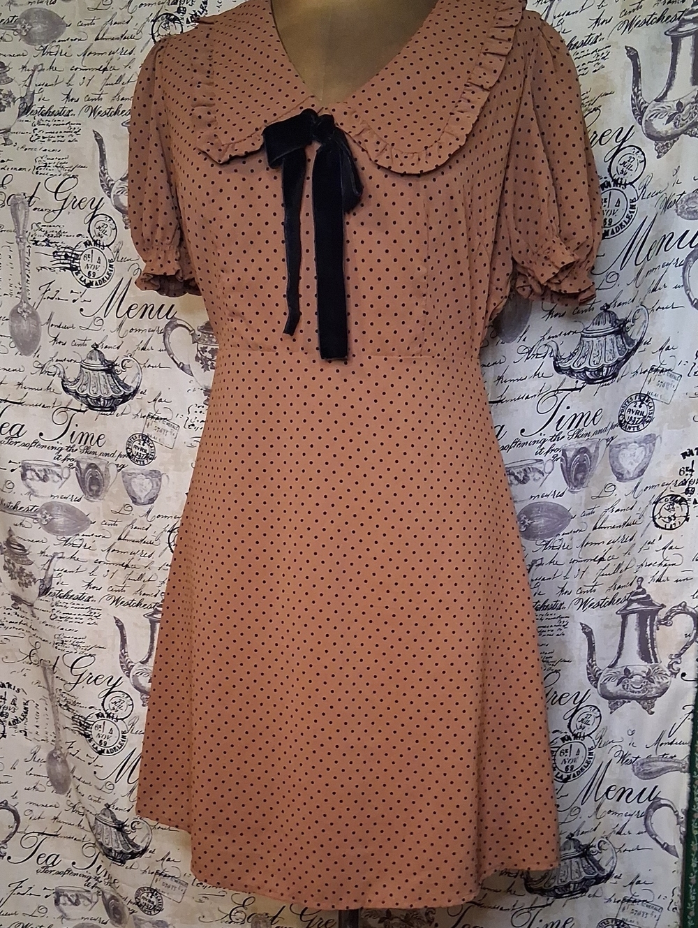 Blu Pepper Dusty Rose Polka Dot Mini Dress with Black Bow